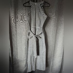 Striped Halter Neck Jumpsuit Grey And White Size Small Tie Waist